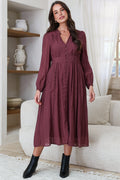 Aylon Midi Dress - Delicately Detailed Mandarin Collar Dress with Long Sleeves in Merlot