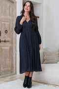 Aylon Midi Dress - Delicately Detailed Mandarin Collar Dress with Long Sleeves in Navy