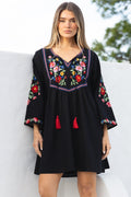 Azalea Mini Dress - Floral Embroidered Motif Shift Dress with Flute Sleeves in Black