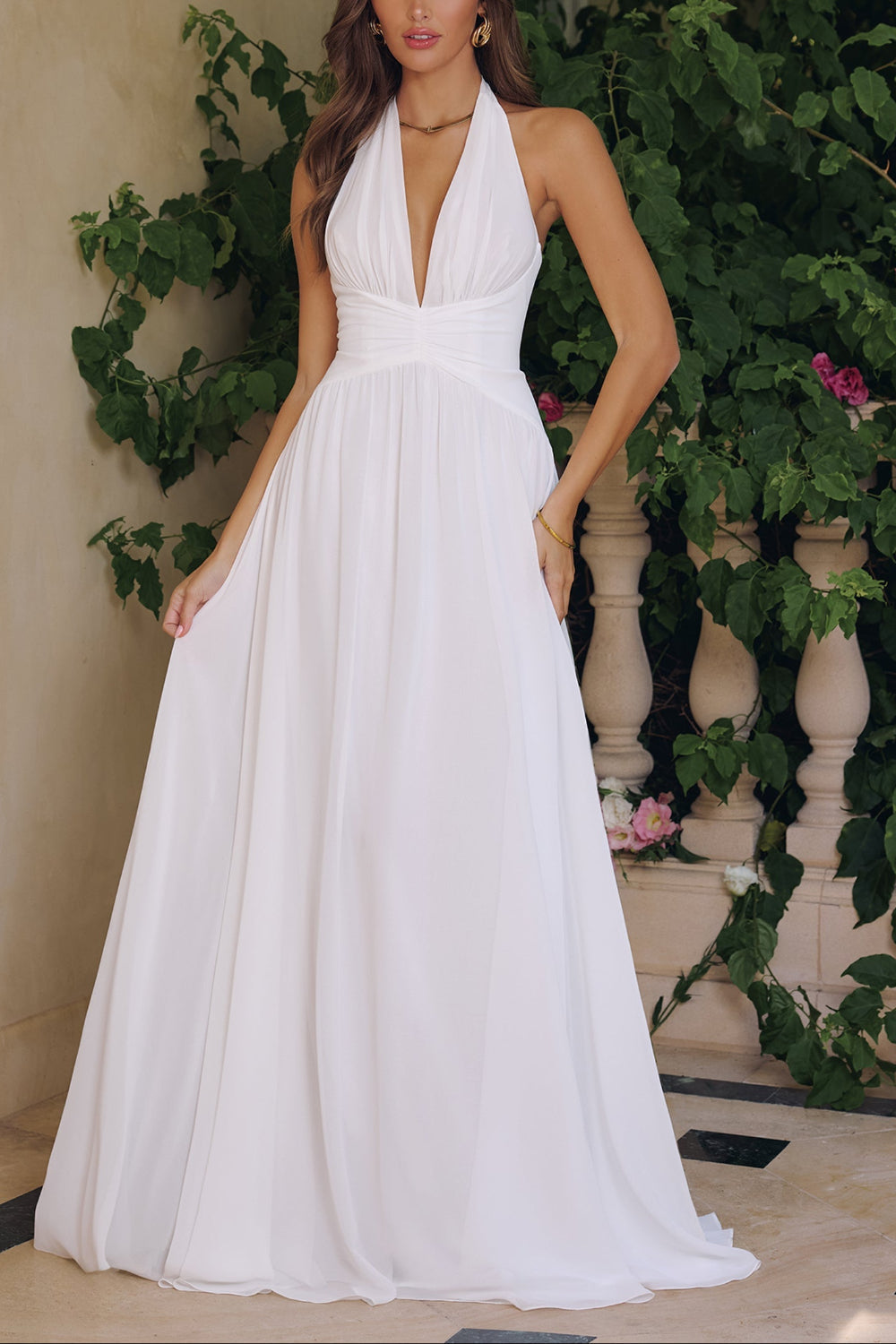 Bayley | Chiffon Halter Neck White Maxi Wedding Dress