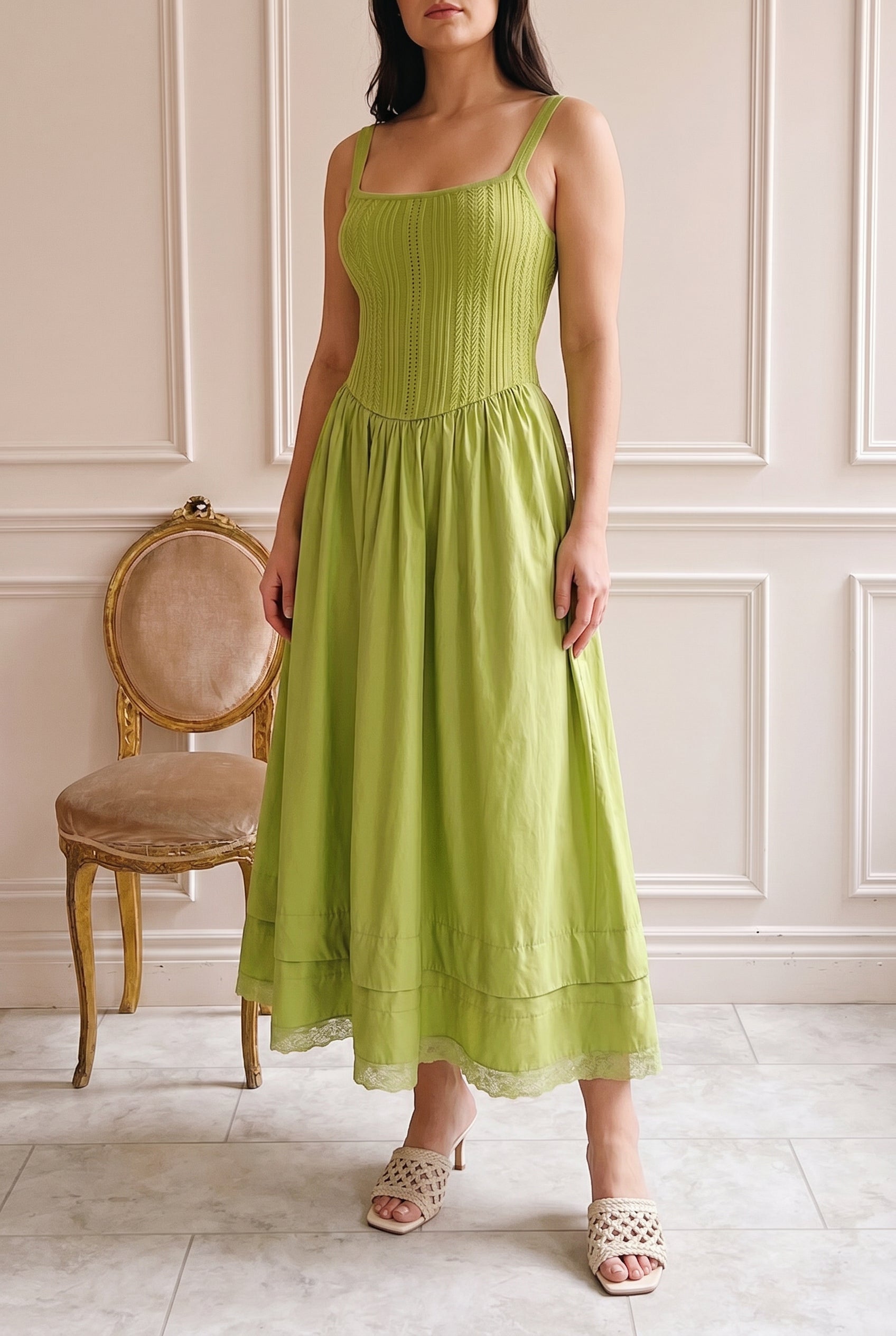 Bolsena Green | Knitted Top Midi Dress with Eyelet Trim