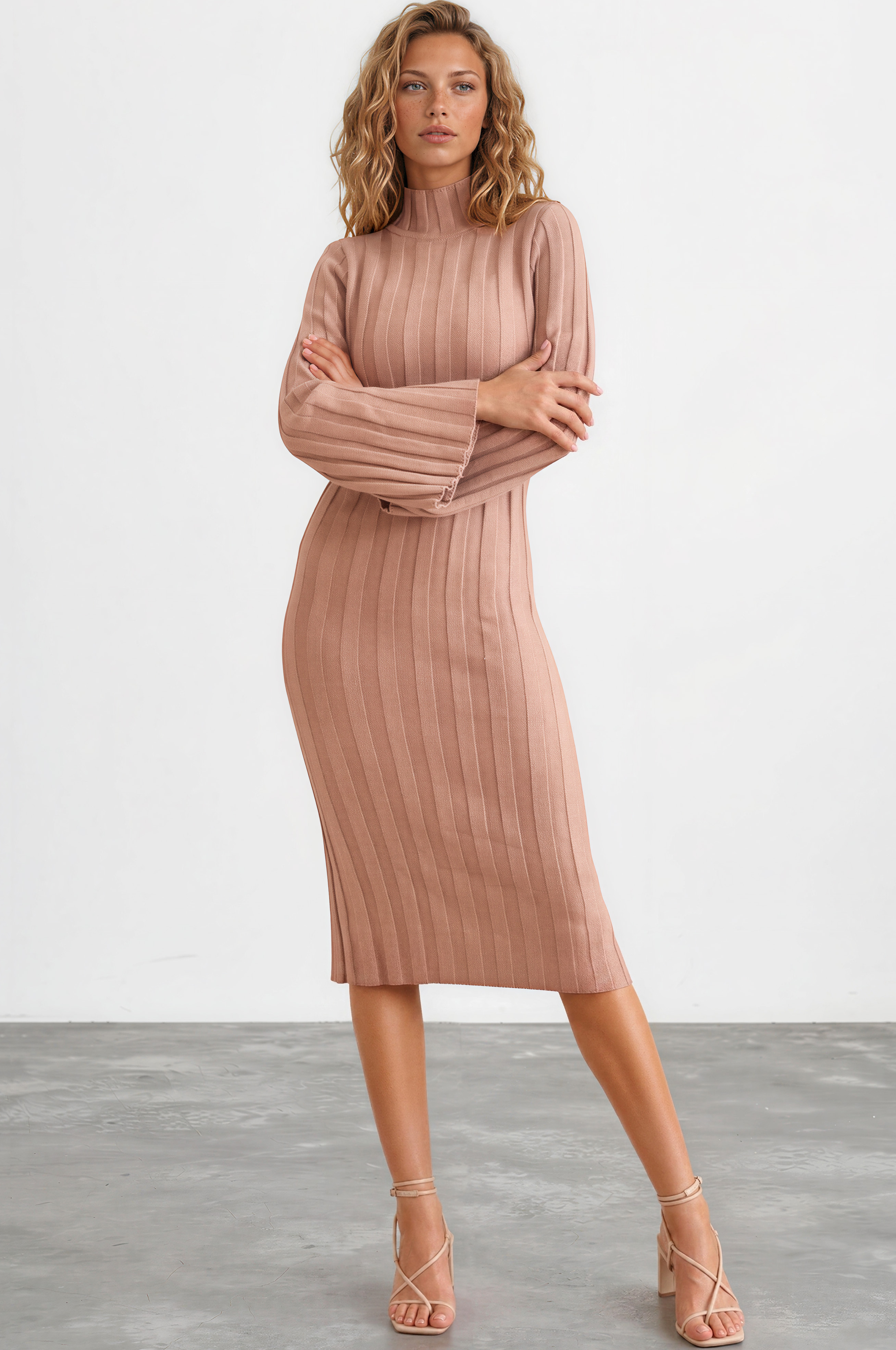 Beckett Midi Dress - Mockneck Ribbed Knit Dress in Camel