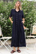 Bento Midi Dress - Wing Collar Button Down Shirt Dress with Contrast Stitching in Indigo