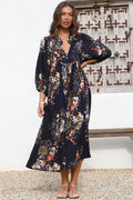 JAASE - Boheme Midi Dress: Piping Defined Bust Slimline Smock Dress In Indigo Print