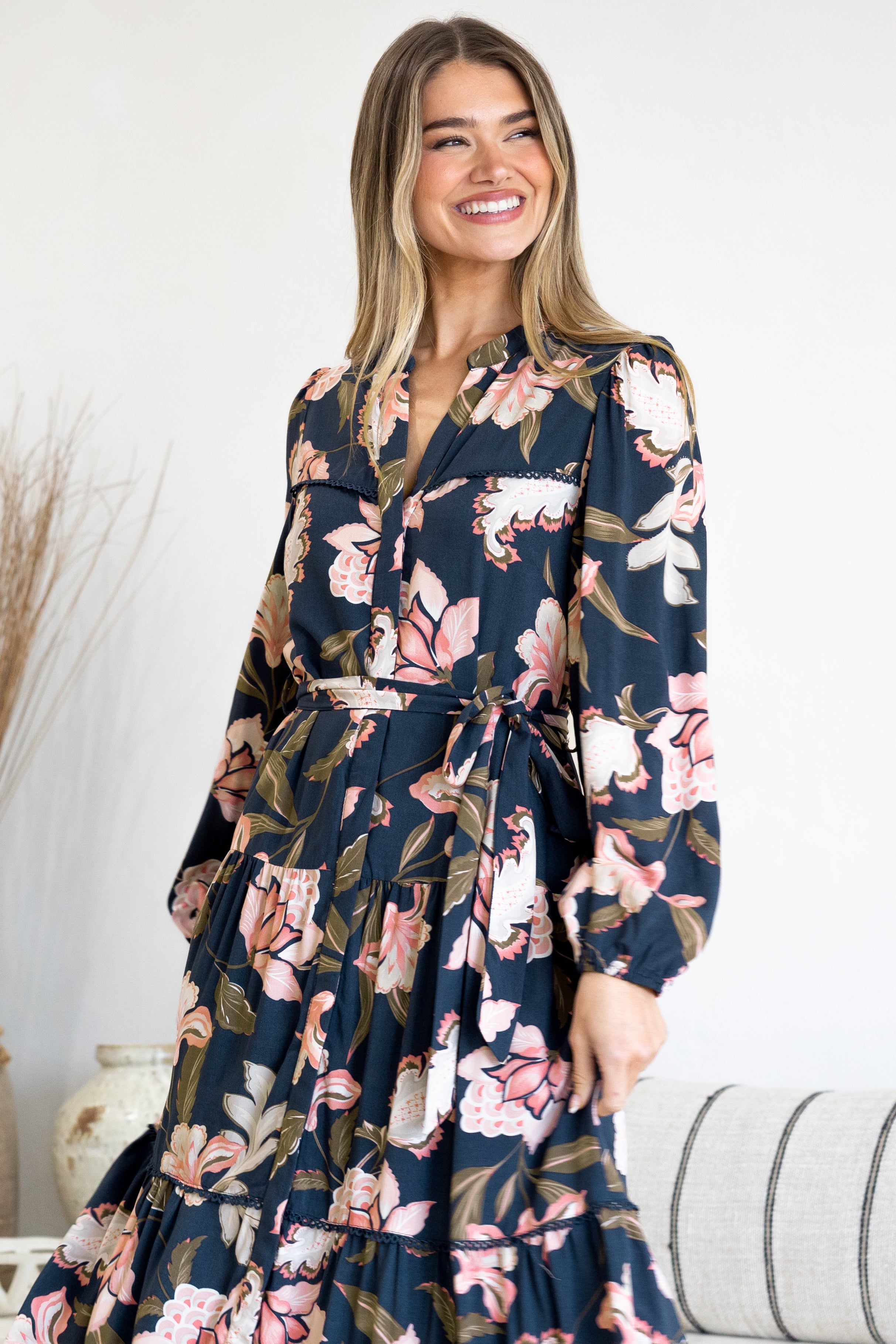 Bonham Maxi Dress - Mandarin Collar Front Button Placket Dress with Belt in Brighton Print