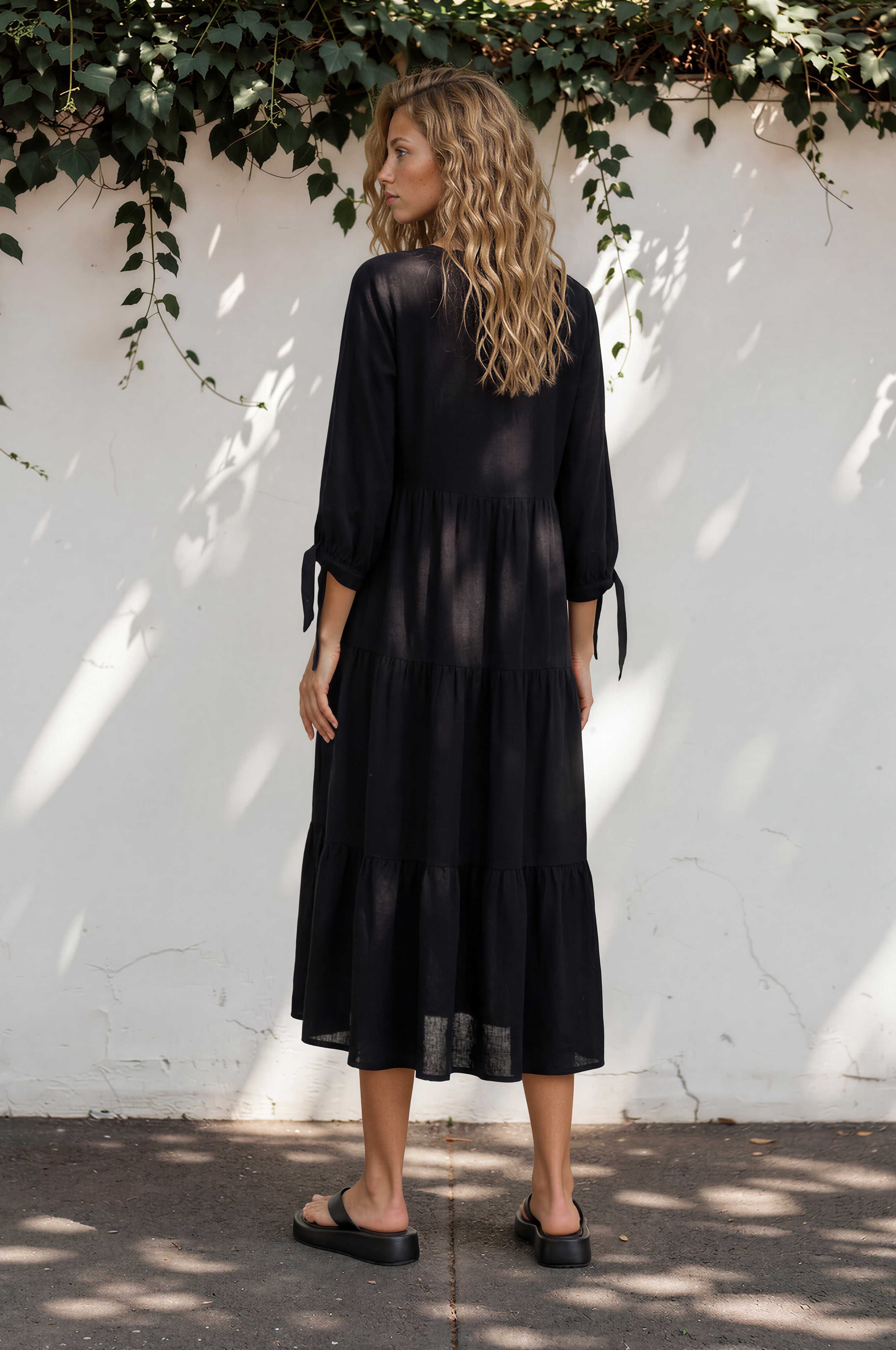 Elisabette Midi Dress - V-Neck Tiered Linen Dress with 3/4 Tie Cuff Sleeves in Black