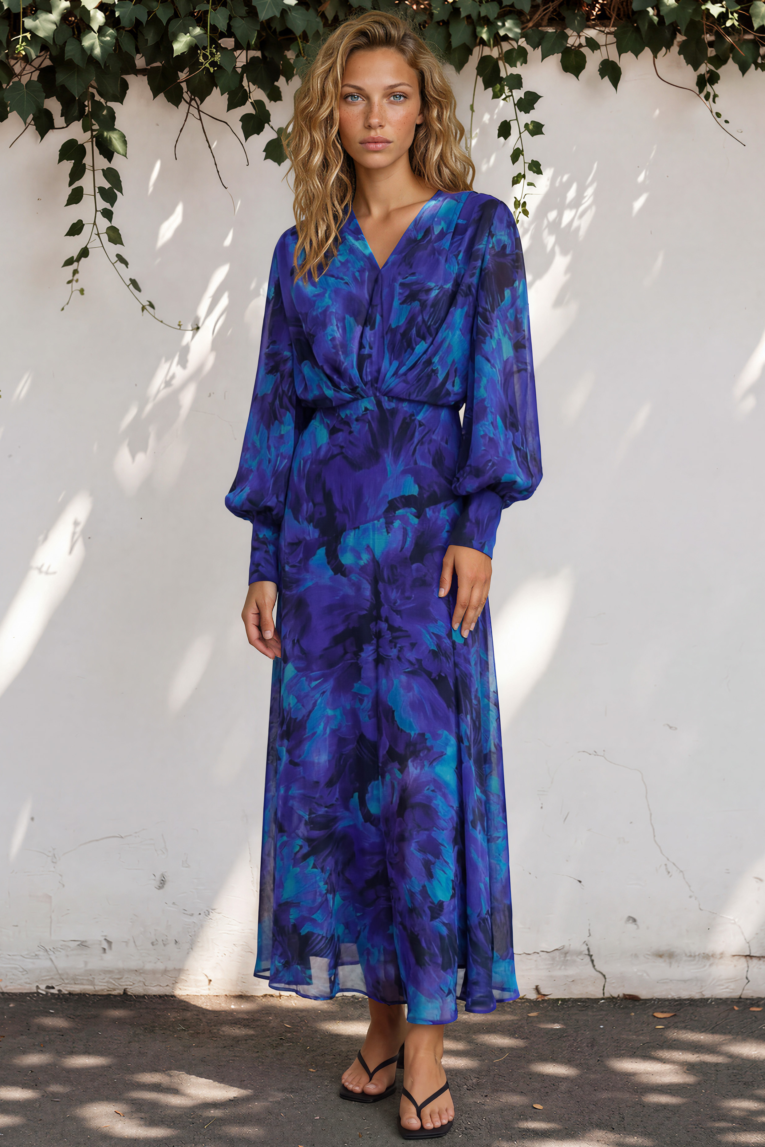 Azura Maxi Dress - V-Neckline Dress with Long Shirred Sleeves in Bluebell Print