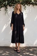 Elisabette Midi Dress - V-Neck Tiered Linen Dress with 3/4 Tie Cuff Sleeves in Black