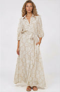 Brea Maxi Dress - Collared Shirt Dress with Belt in Catia Print Beige