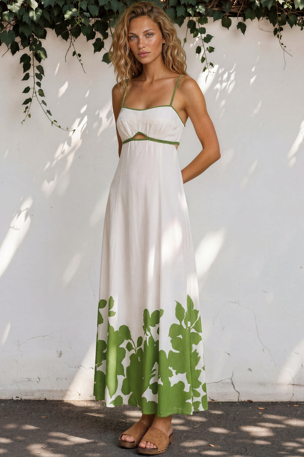 Bria Maxi Dress - Spaghetti Strap A-Line Cut Out Detail Dress in Clover Print