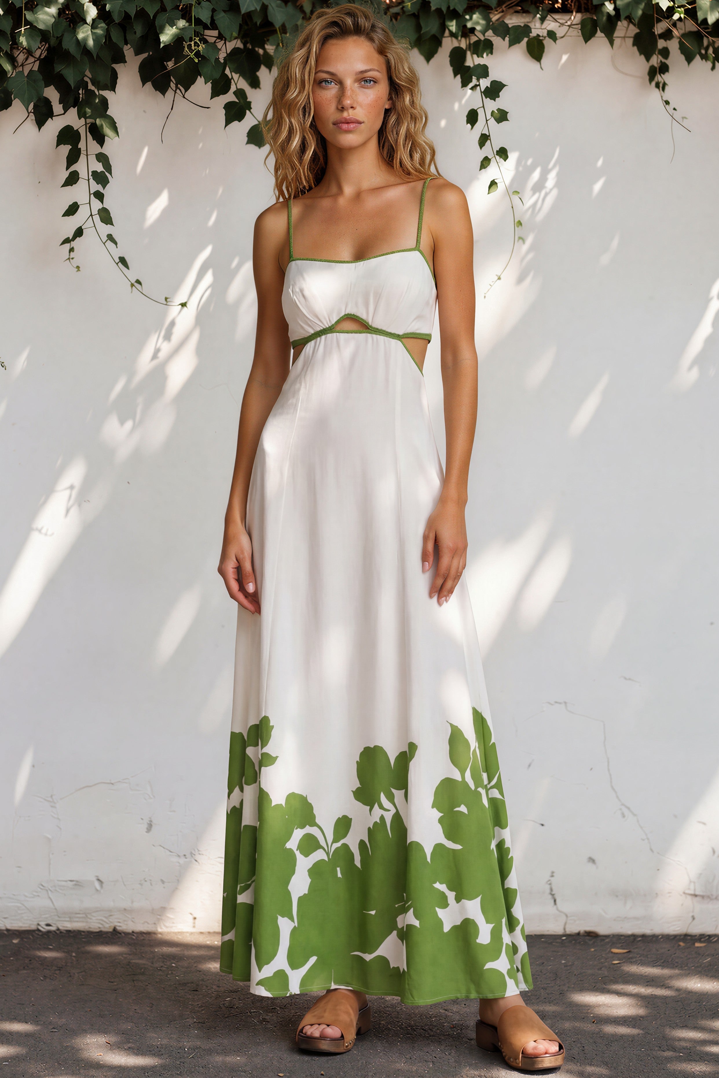 Bria Maxi Dress - Spaghetti Strap A-Line Cut Out Detail Dress in Clover Print