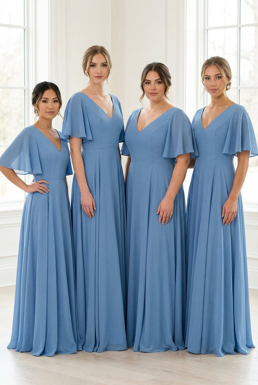 Adelphia Blue | V-Neck Chiffon Maxi Dress