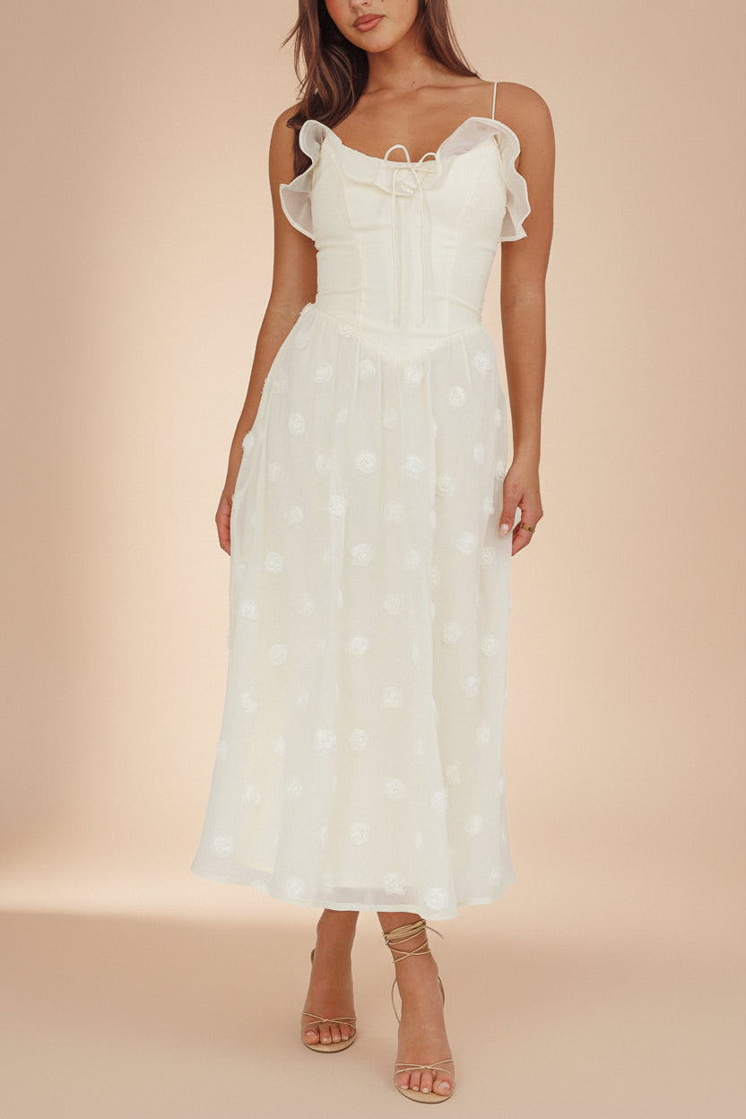 Claribel | Cream Midi Dress with Floral Embellishment