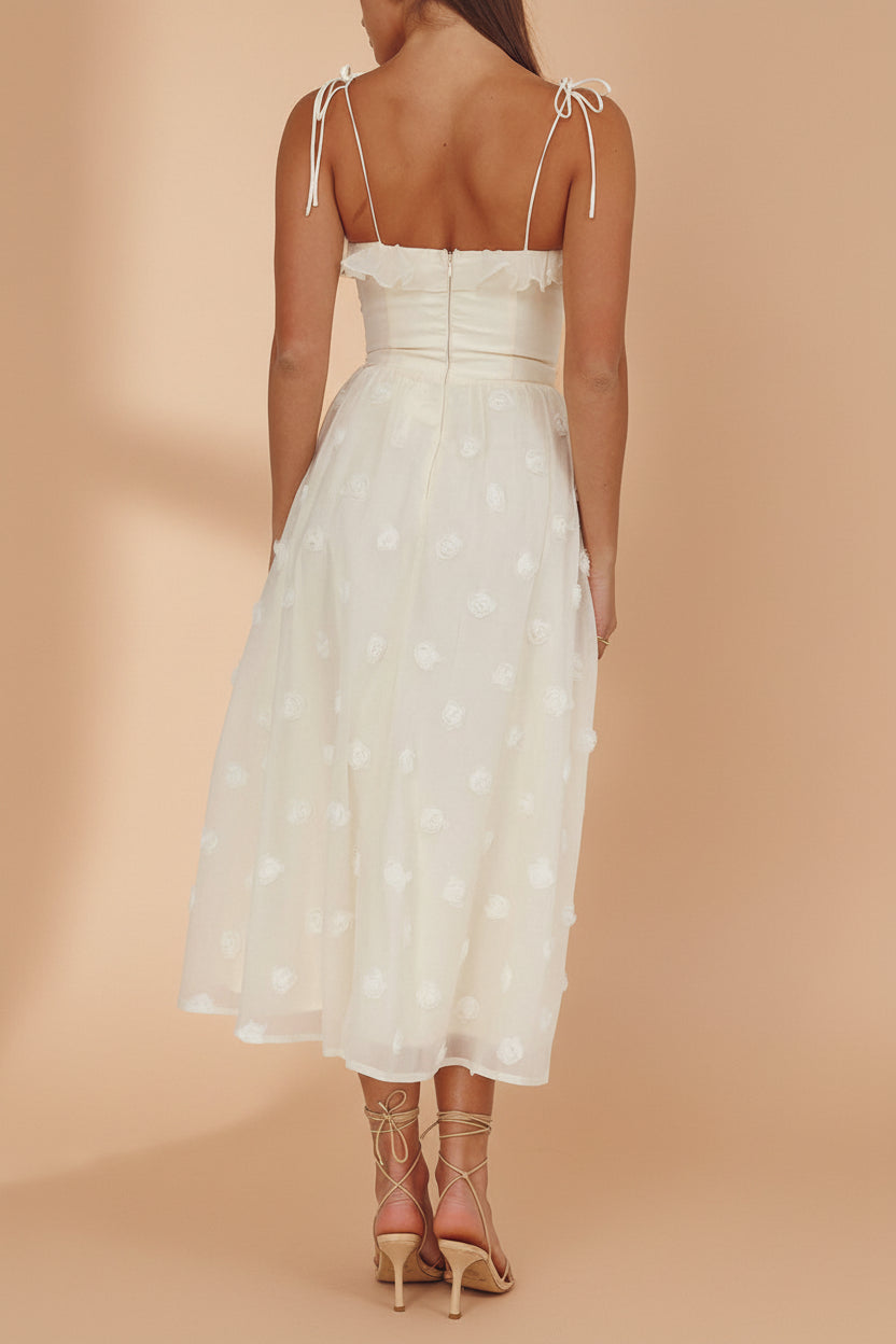 Claribel | Cream Midi Dress with Floral Embellishment