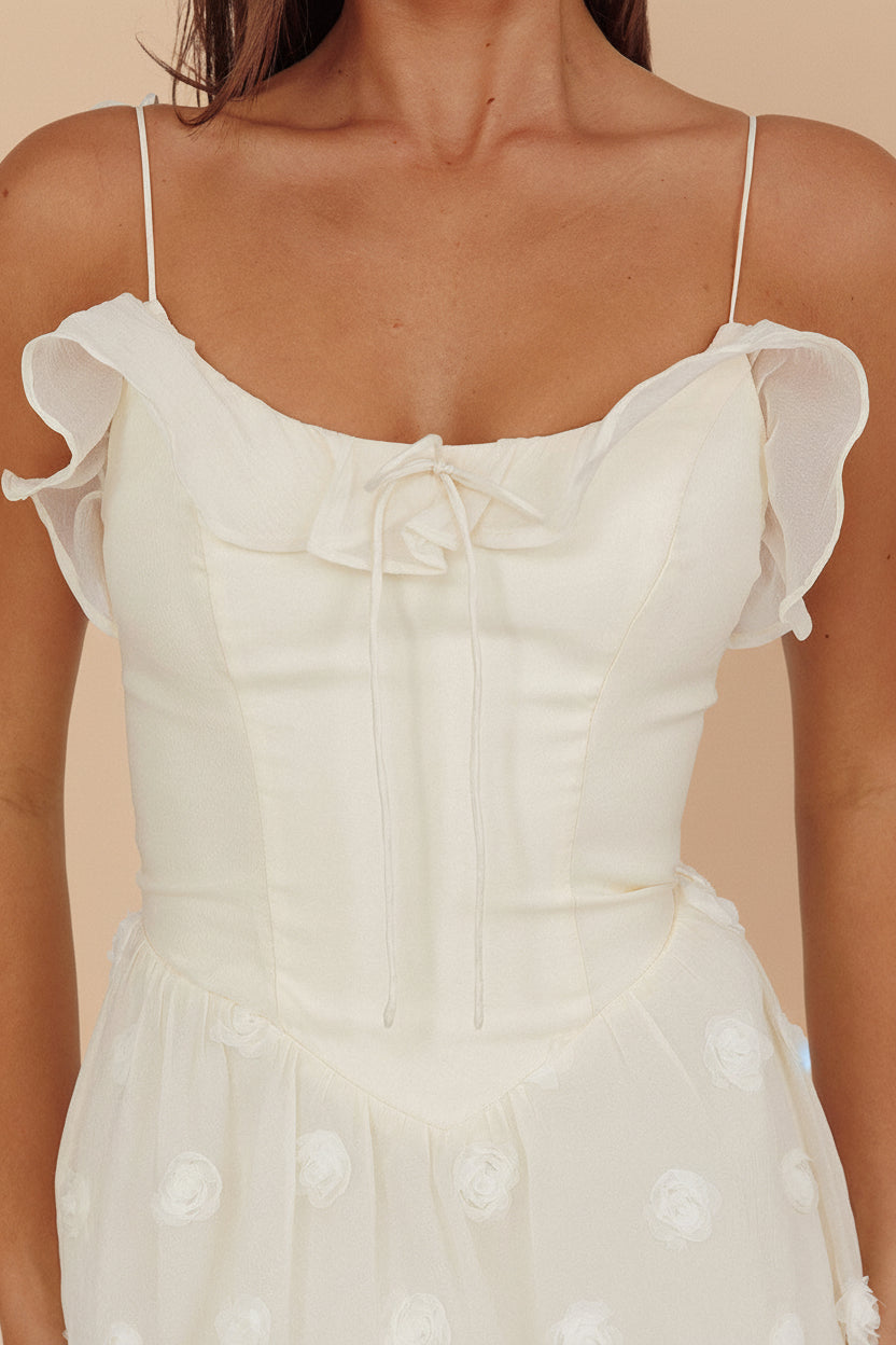 Claribel | Cream Midi Dress with Floral Embellishment