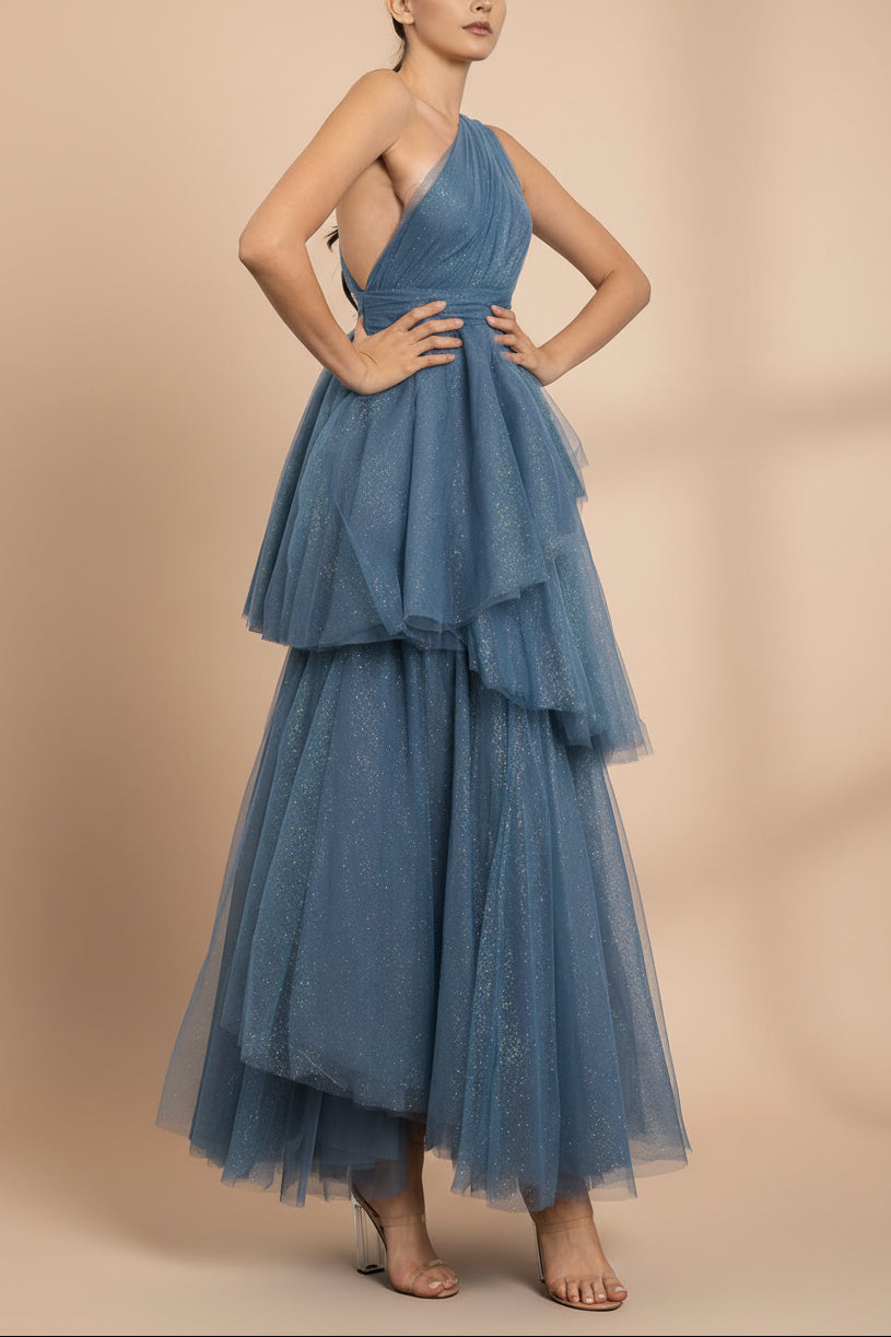 Cody Blue Grey | Maxi One Shoulder Dress with Glitters
