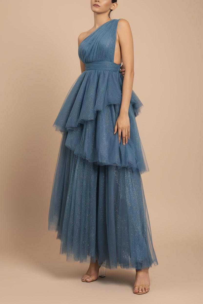 Cody Blue Grey | Maxi One Shoulder Dress with Glitters