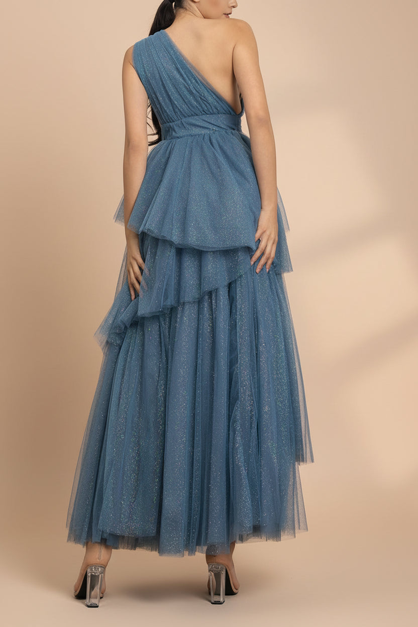 Cody Blue Grey | Maxi One Shoulder Dress with Glitters