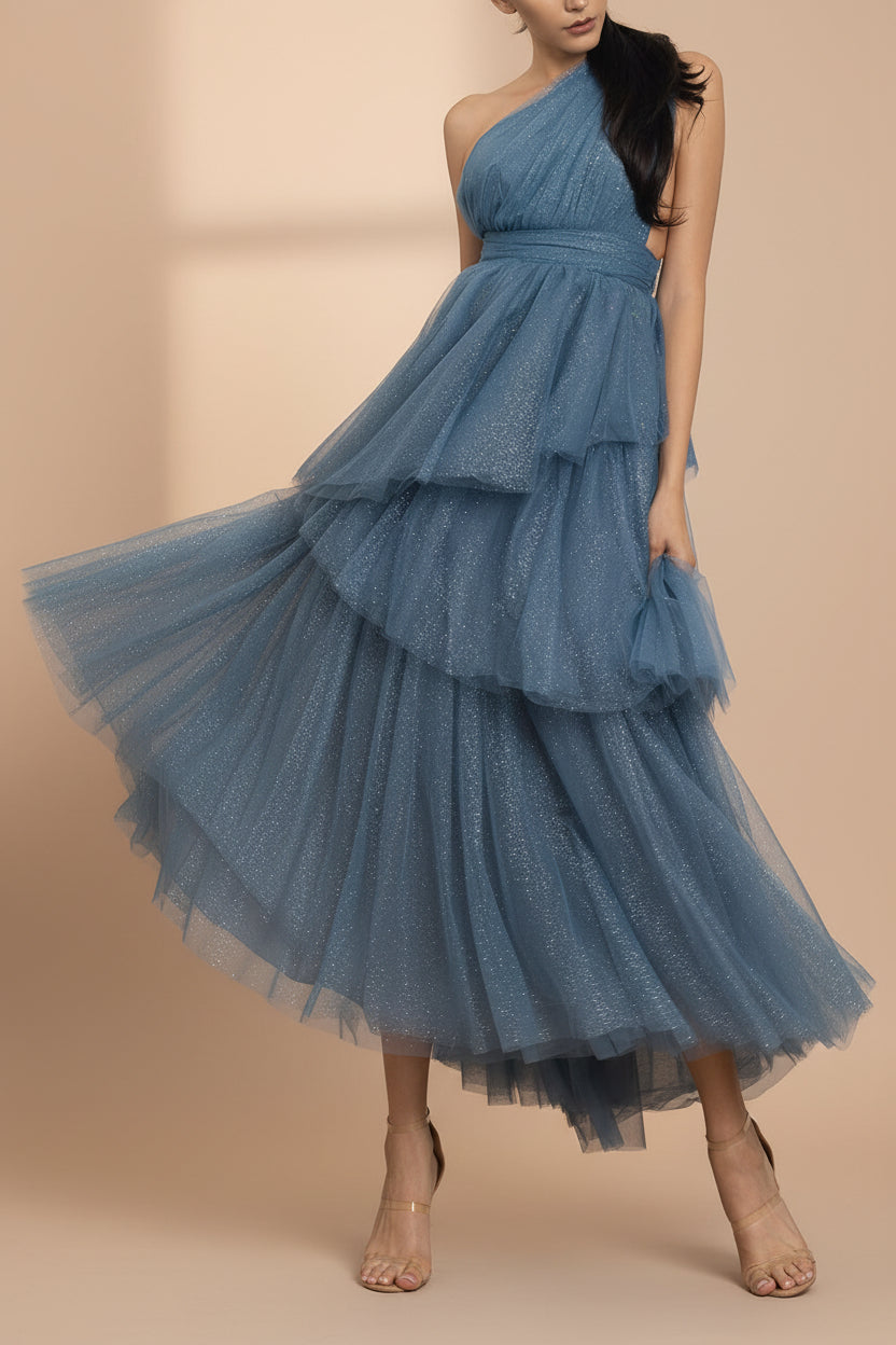 Cody Blue Grey | Maxi One Shoulder Dress with Glitters