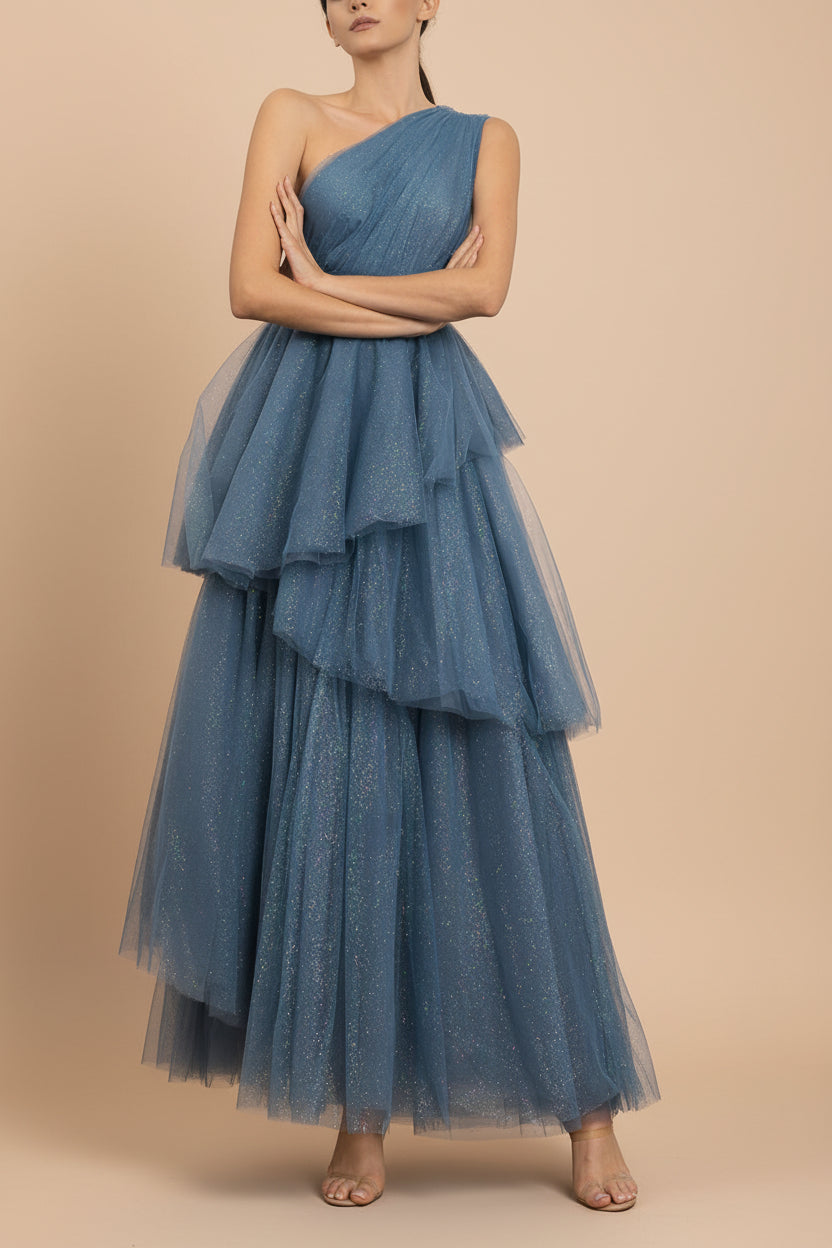 Cody Blue Grey | Maxi One Shoulder Dress with Glitters