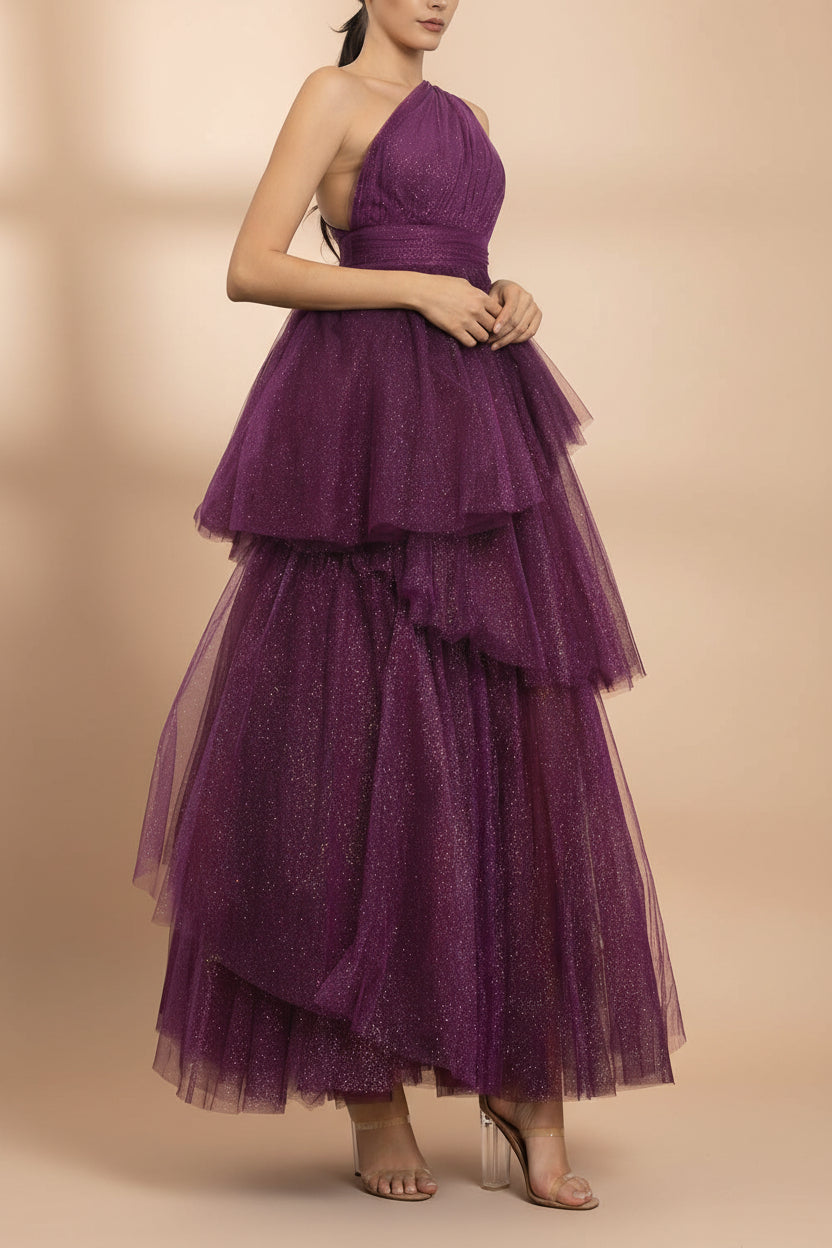 Cody Purple | Maxi One Shoulder Dress with Glitters