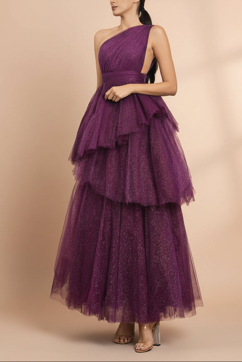 Cody Purple | Maxi One Shoulder Dress with Glitters