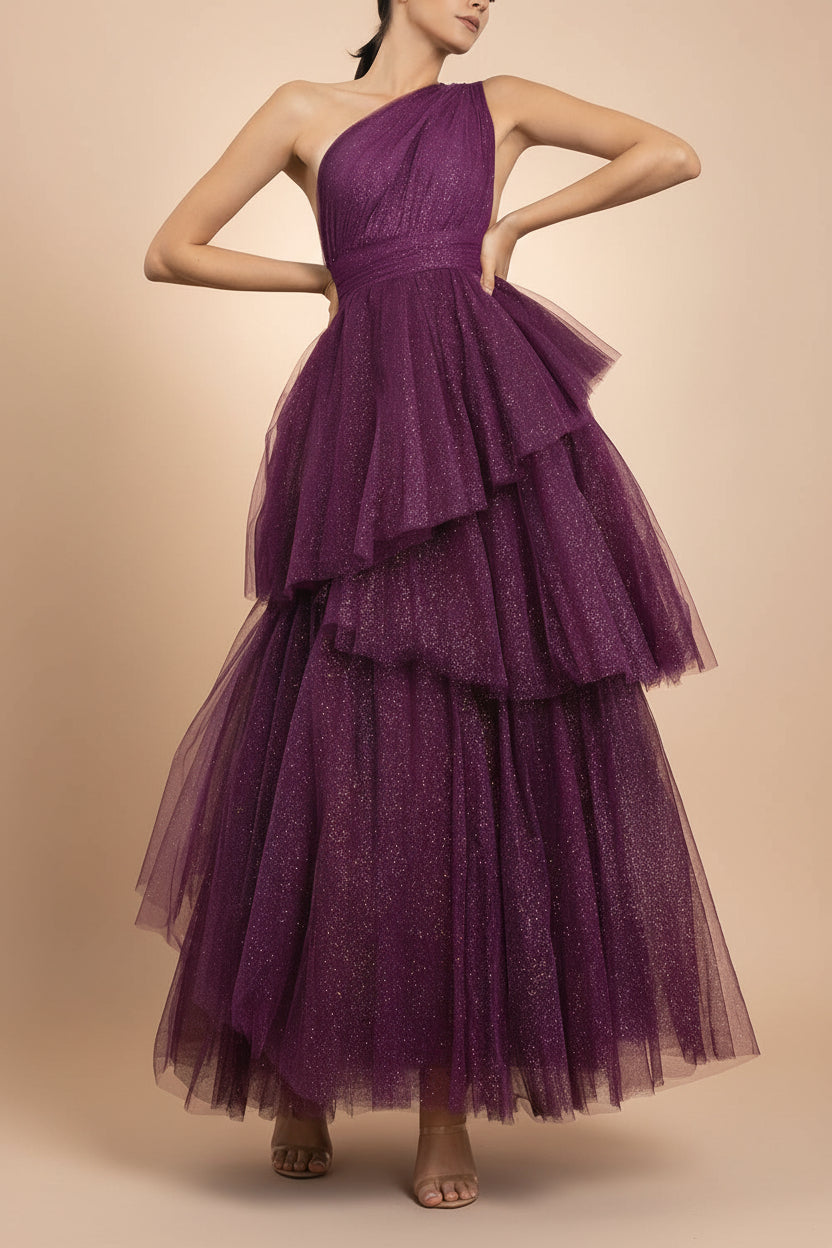 Cody Purple | Maxi One Shoulder Dress with Glitters