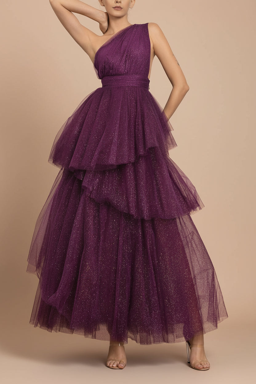 Cody Purple | Maxi One Shoulder Dress with Glitters