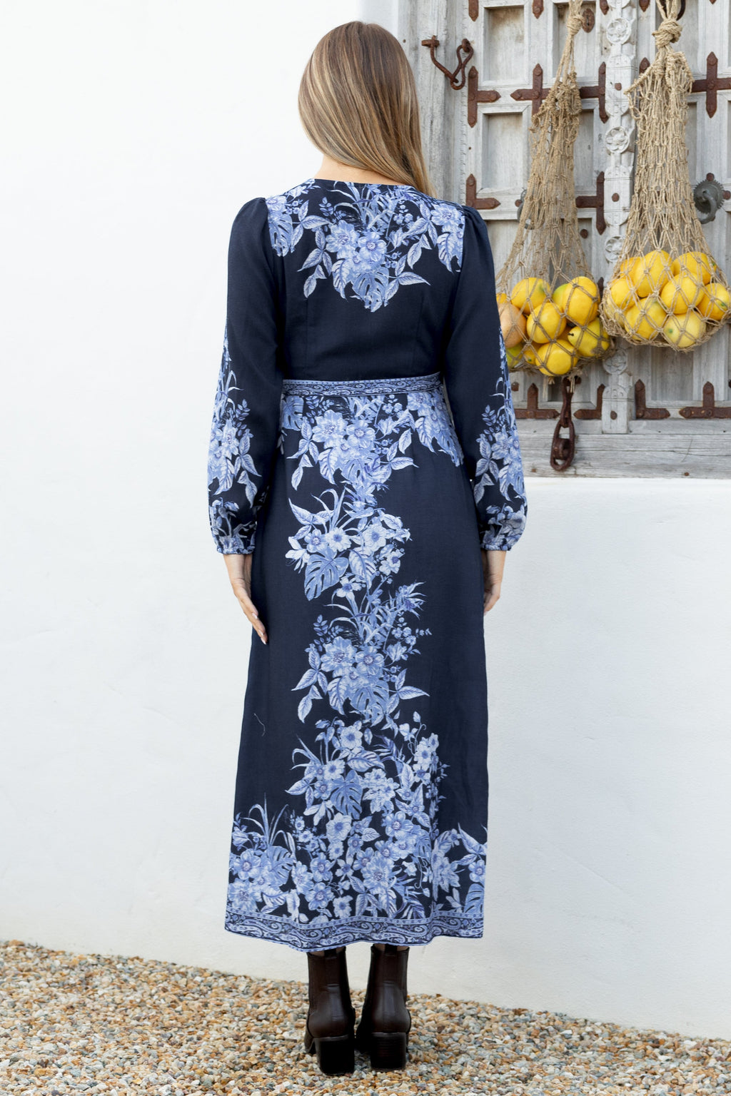 Carindi Midi Dress - V Neck Wrap Dress with Long Balloon Sleeves in Breakwater Print