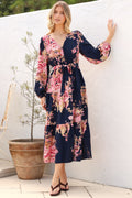 Cassandra Midi Dress - Tiered Long Sleeve Dress with Waist Tie in Vela Print Navy