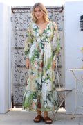 Celita Maxi Dress - Deep V Neck Dress with Flowing Balloon Sleeves in Kamara Print Green