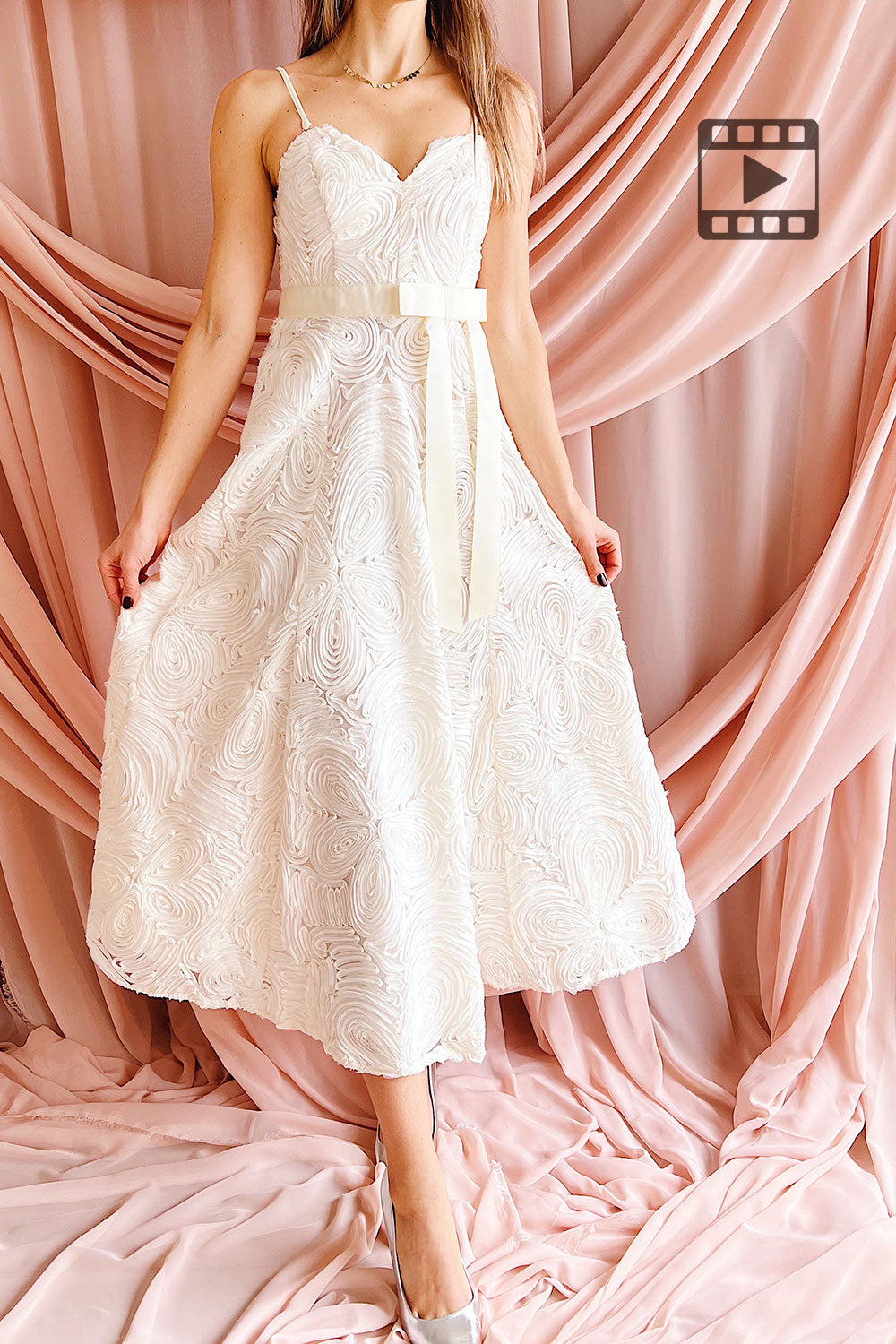 Samarah | Midi Ivory Dress with Swirling Textured Pattern