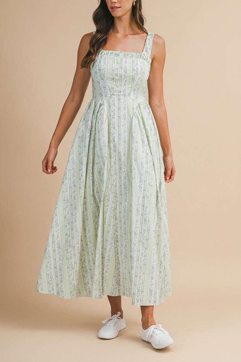 Daiko Green | Floral A-Line Maxi Dress with Corset Bust