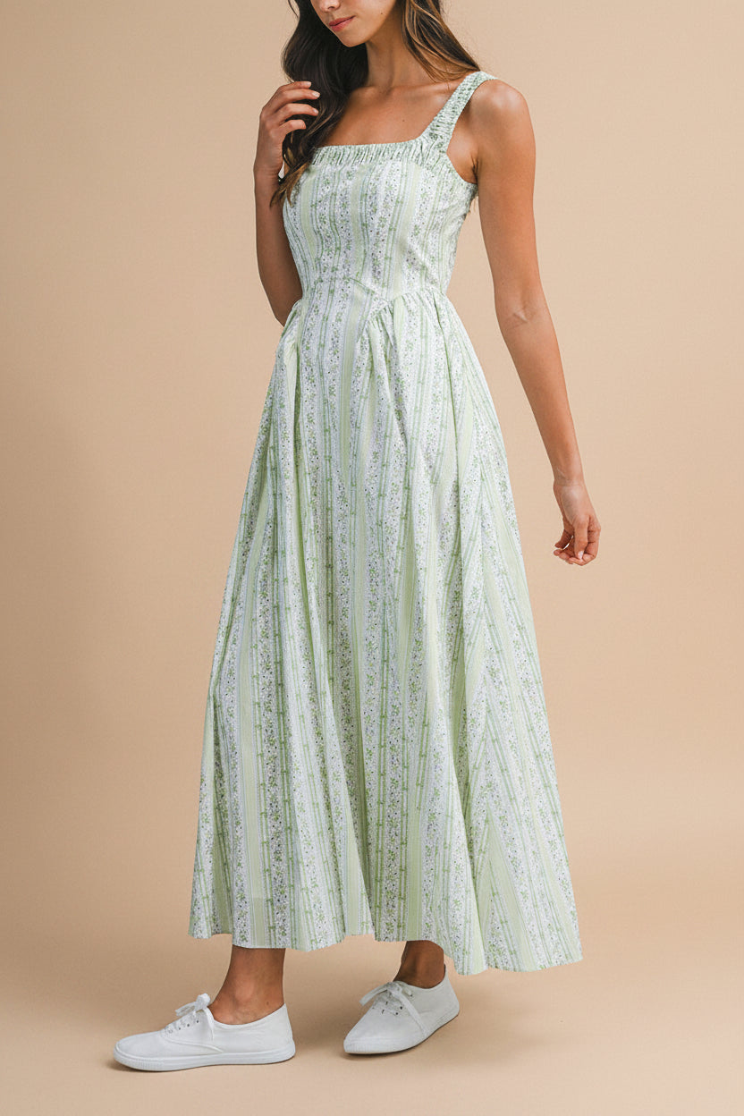 Daiko Green | Floral A-Line Maxi Dress with Corset Bust