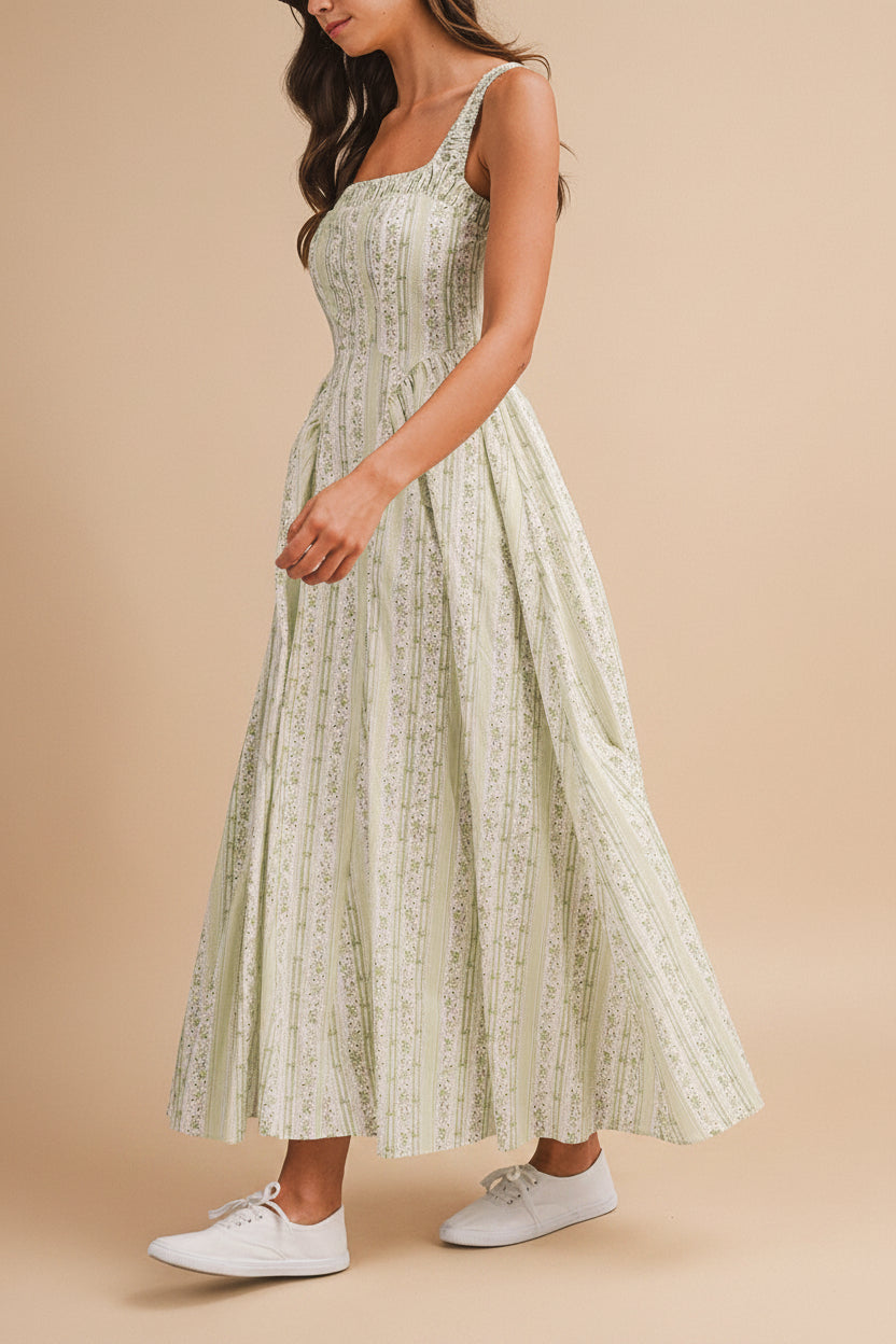 Daiko Green | Floral A-Line Maxi Dress with Corset Bust