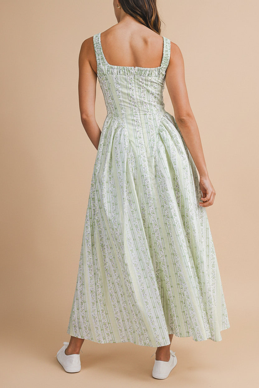 Daiko Green | Floral A-Line Maxi Dress with Corset Bust