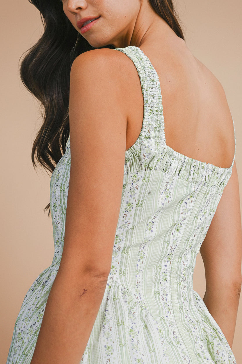 Daiko Green | Floral A-Line Maxi Dress with Corset Bust