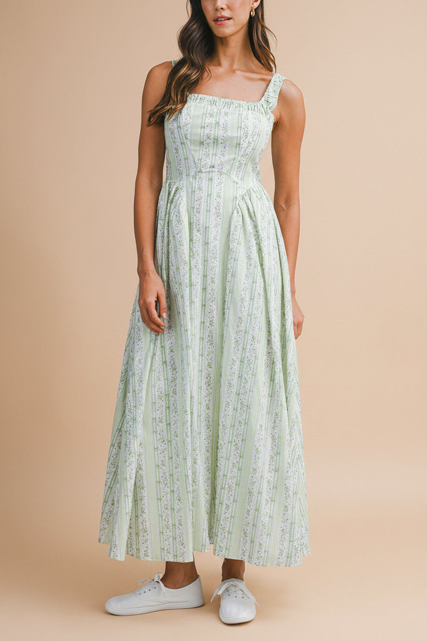 Daiko Green | Floral A-Line Maxi Dress with Corset Bust