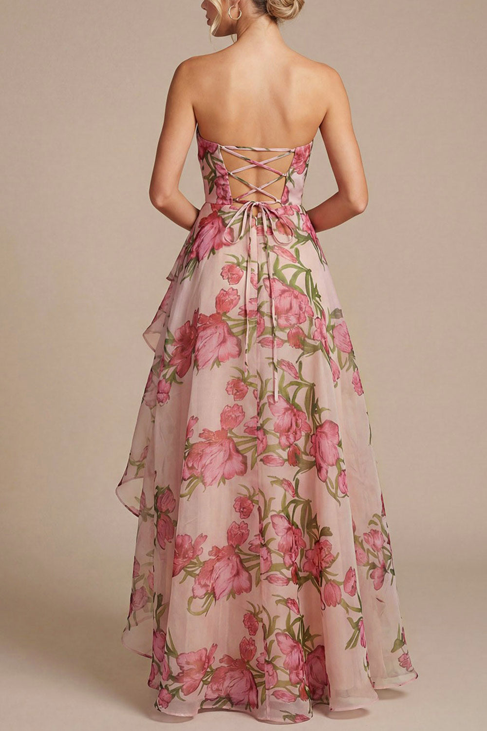 Delora | Floral Organza Ruffled Maxi Dress with Front Slit and Lace-Up Corset
