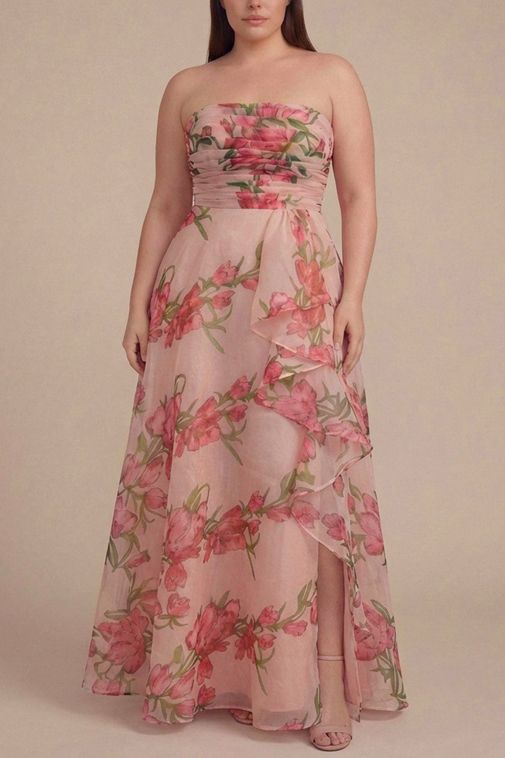 Delora | Floral Organza Ruffled Maxi Dress with Front Slit and Lace-Up Corset