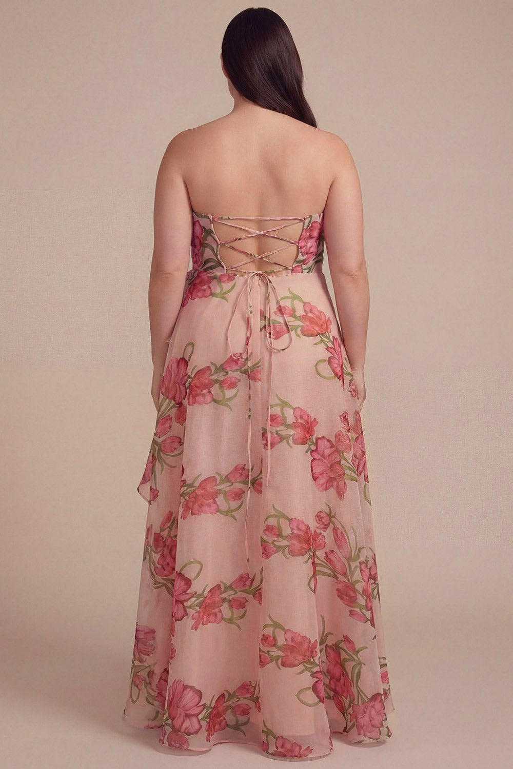 Delora | Floral Organza Ruffled Maxi Dress with Front Slit and Lace-Up Corset