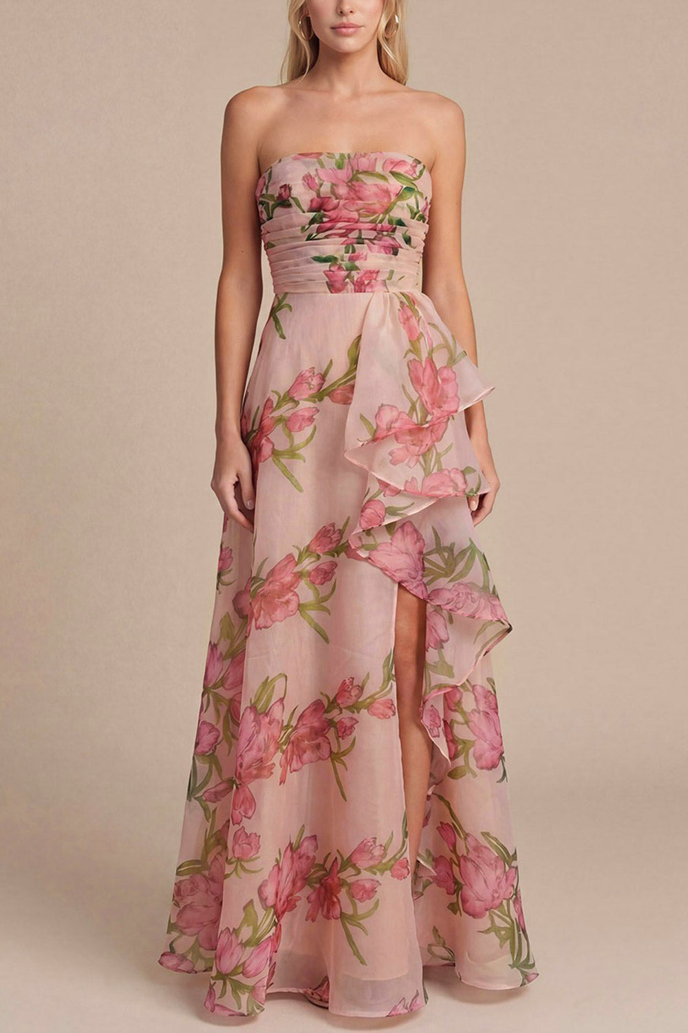 Delora | Floral Organza Ruffled Maxi Dress with Front Slit and Lace-Up Corset