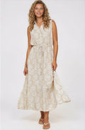 Danika Maxi Dress - Sleeveless Shirt Dress with Pull Waist Tie in Catia Print Beige