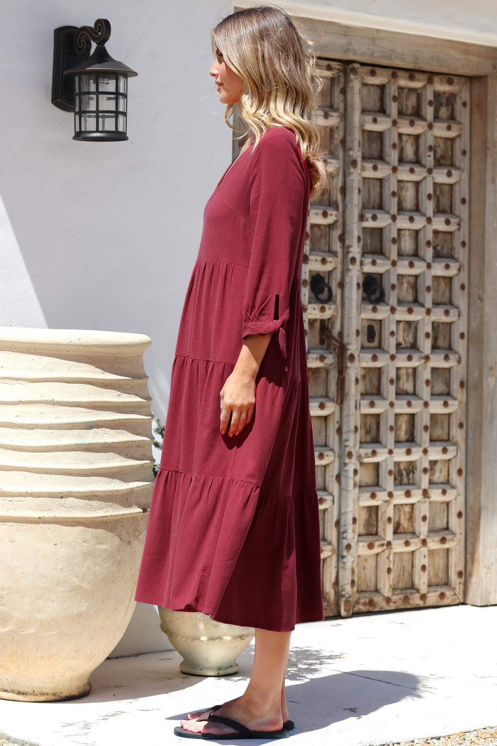 Elisabette Midi Dress - V-Neck Tiered Linen Dress with 3/4 Tie Cuff Sleeves in Rust