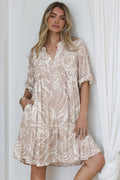 Evie Mini Dress - 3/4 Sleeve Tiered Smock Dress in Jeani Print Beige