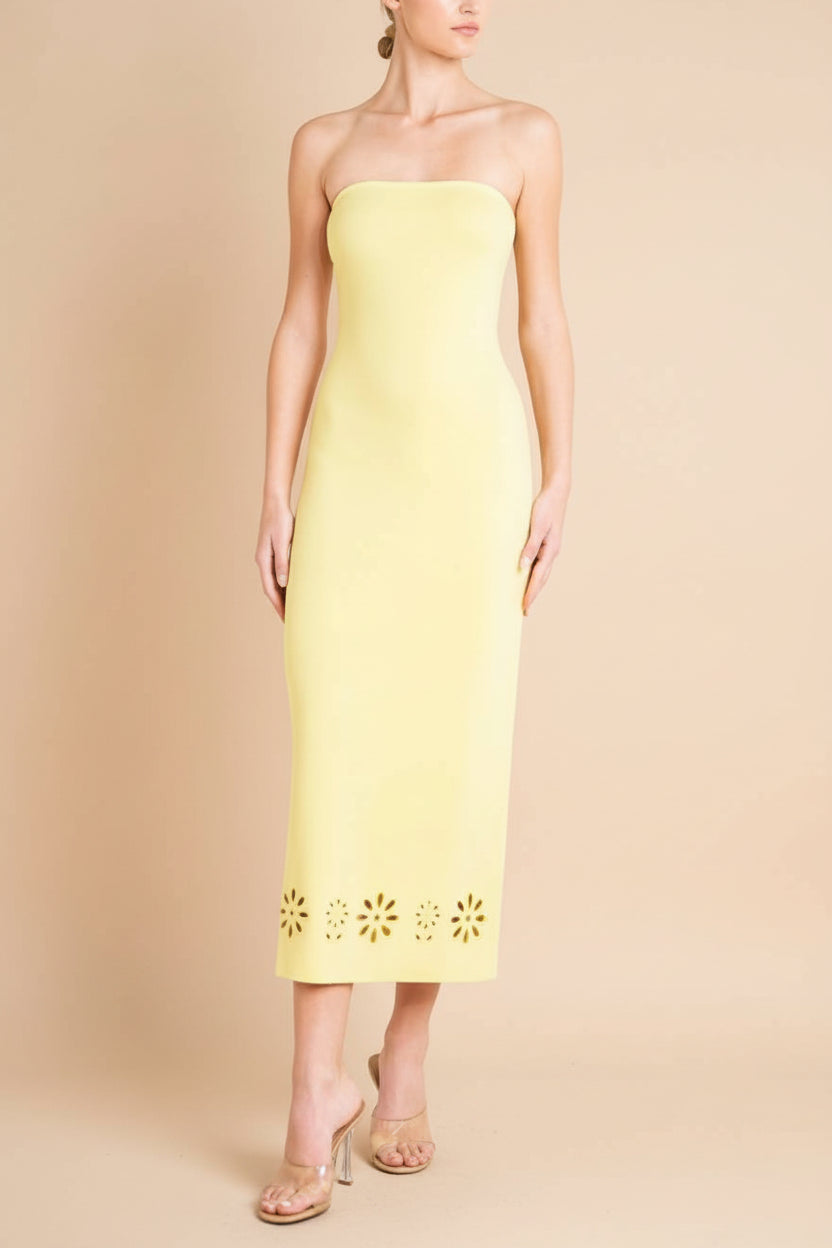 Fable Yellow | Strapless Fitted Knit Midi Dress with Floral Eyelets