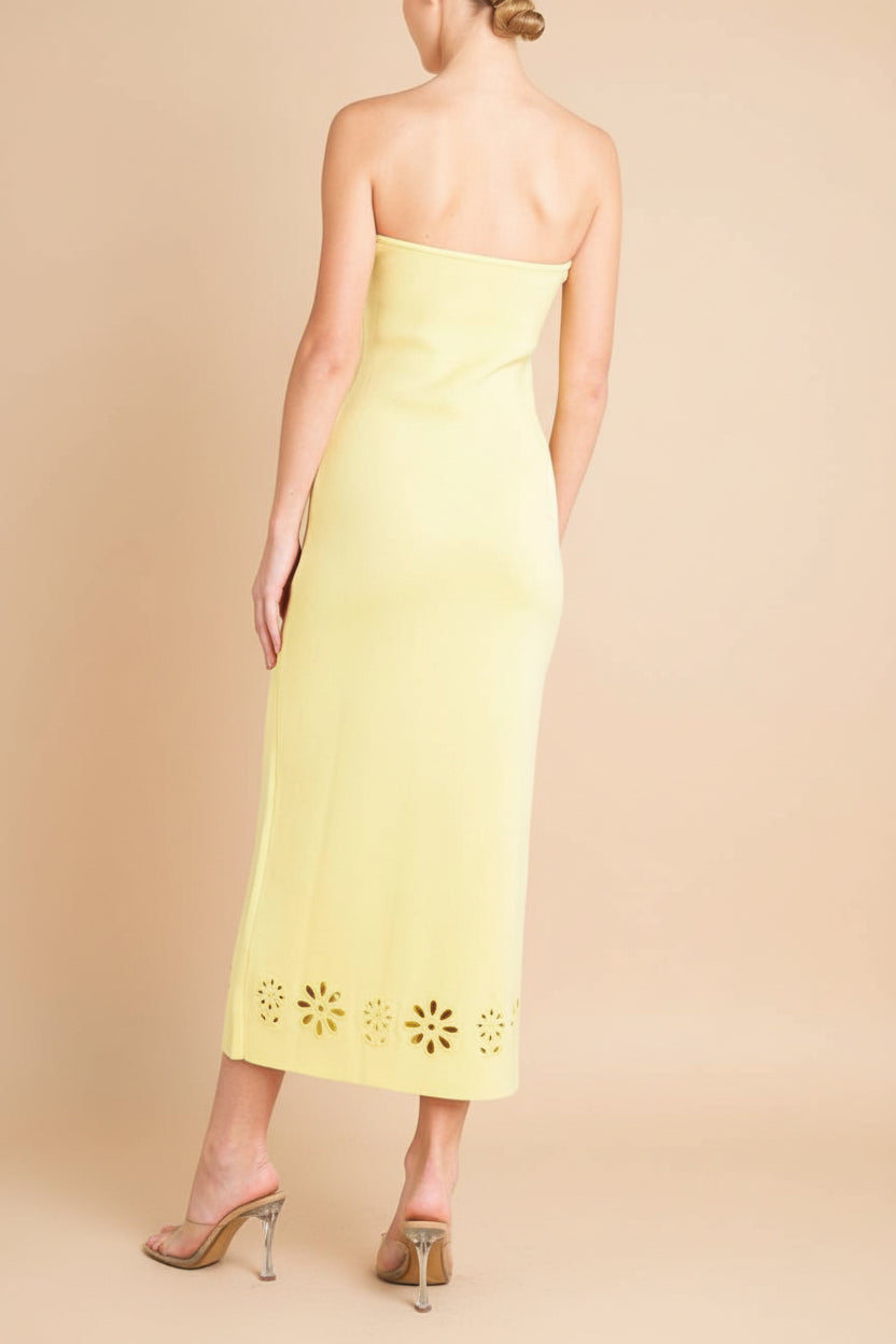 Fable Yellow | Strapless Fitted Knit Midi Dress with Floral Eyelets