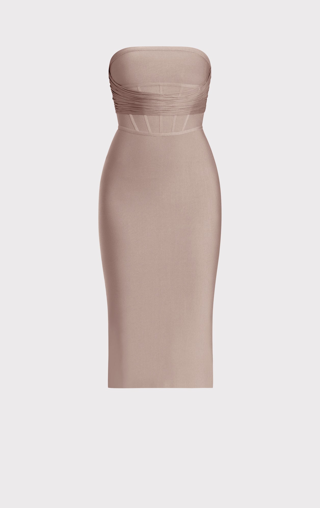 DRAPED STRAPLESS FRINGE MIDI DRESS