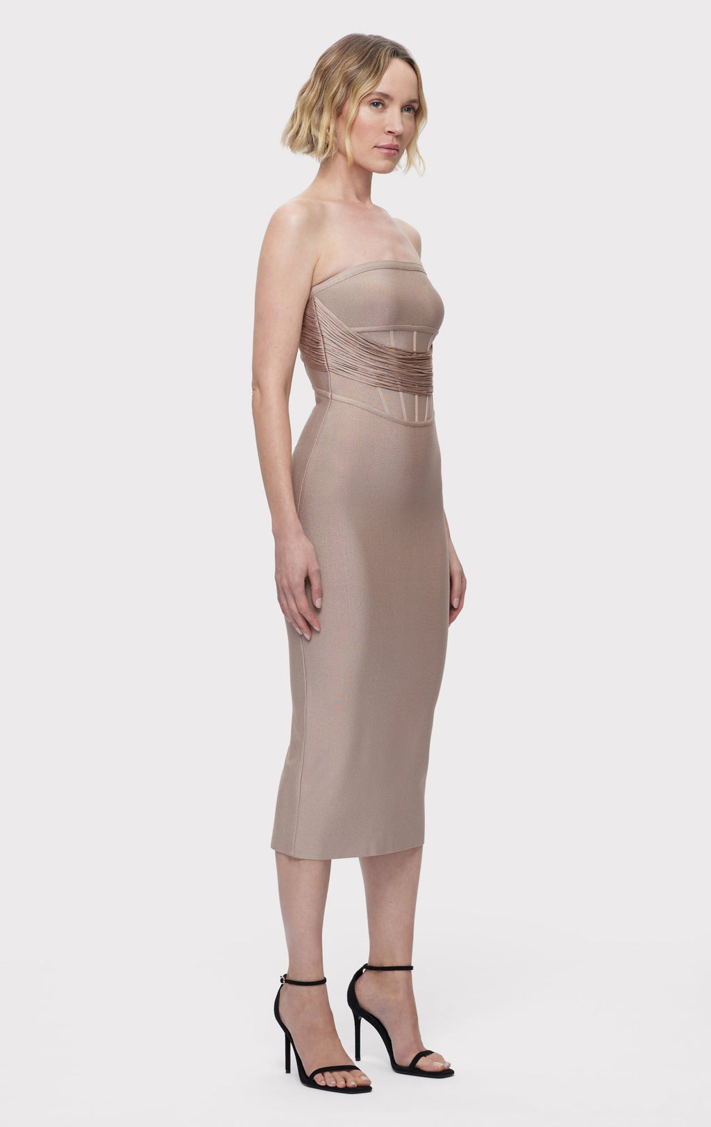 DRAPED STRAPLESS FRINGE MIDI DRESS