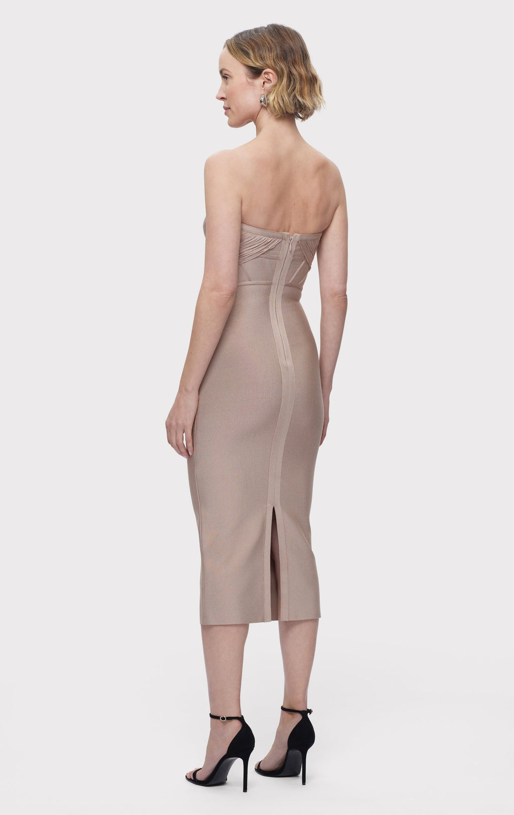 DRAPED STRAPLESS FRINGE MIDI DRESS